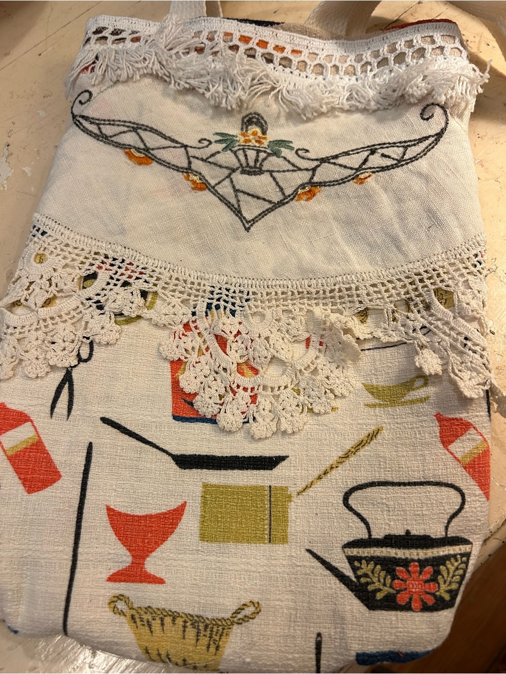 Handmade Vintage Textile Tote Bag Retro Kitchen Print Lace OOAK